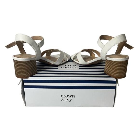 Crown & Ivy Round Open Toe White ELLA Block Heel Gold Ankle Buckle Size 8 - Picture 3 of 6